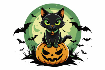 a vector T-shirt design featuring a mischievous black cat with glowing green eyes, perched on a spooky jack-o'-lantern, with a full moon and bats in the background