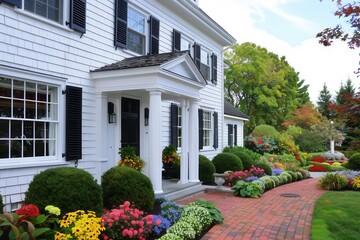 Fototapeta premium classic new england architecture featuring a pristine white clapboard house with black shutters a red brick sidewalk leads to the entrance framed by wellmanicured shrubs and colorful flower beds