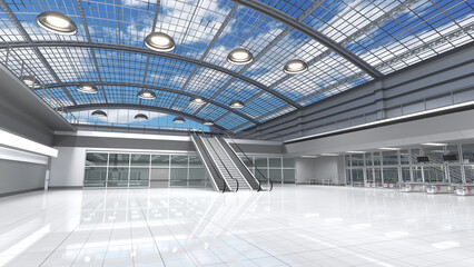 Shopping mall interior with store facades, escalators and a vaulted transparent roof overlooking the sky with clouds. 3d illustration
