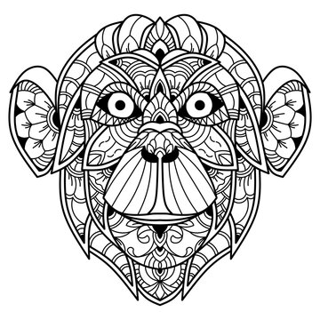 Hand drawn of monkey head in zentangle style