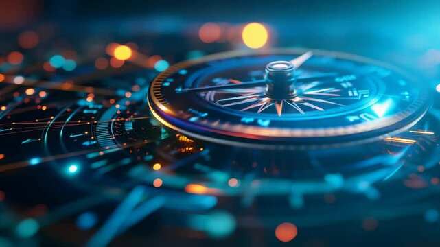 Futuristic digital compass with glowing blue and red lights and intricate details