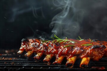 closeup of perfectly grilled bbq ribs glistening with sauce tendrils of smoke rising moody dark background