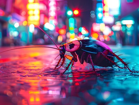 Neon Lit Cockroach Thriving in the Vibrant Urban Nightscape - Powered by Adobe