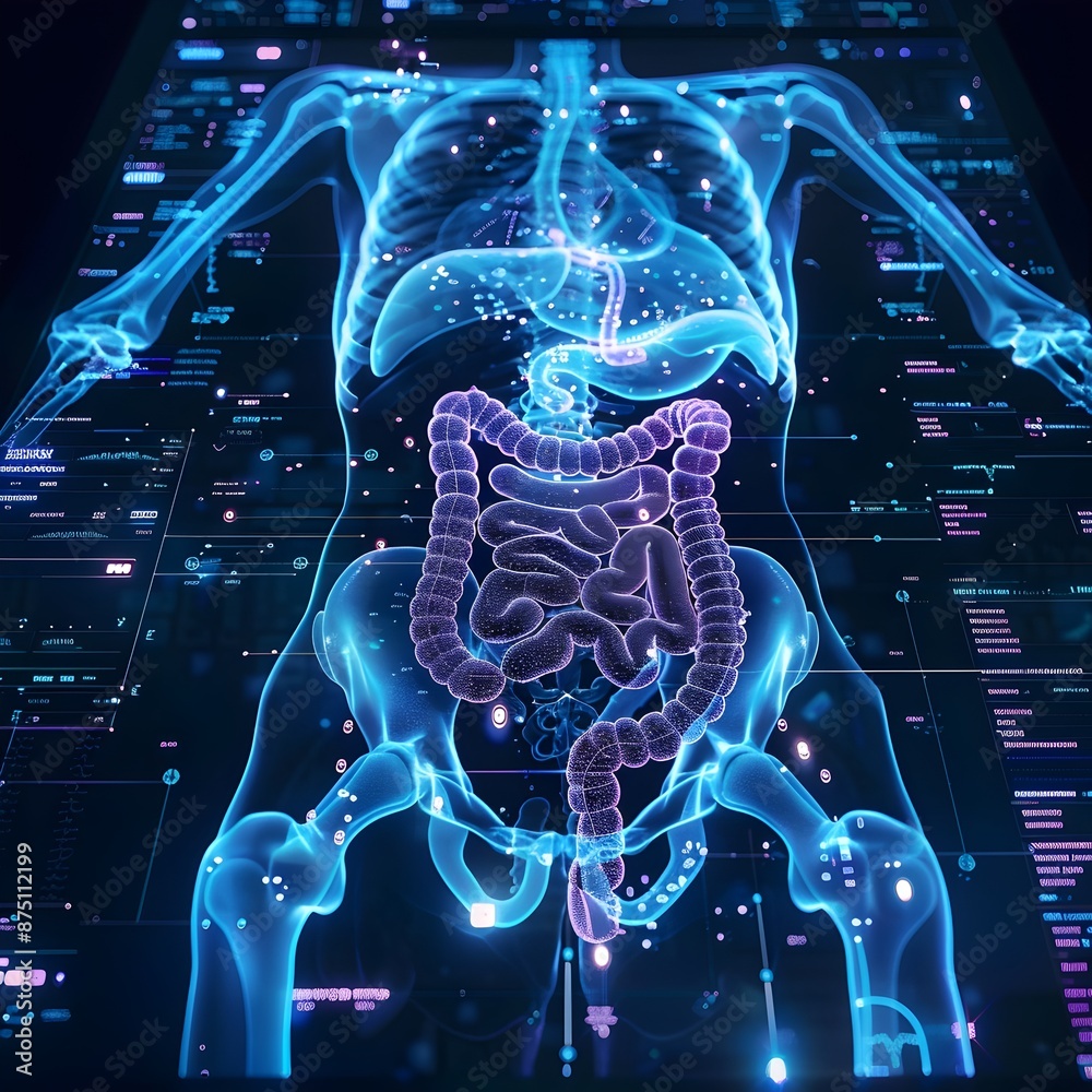 Wall mural futuristic x ray visualization of digestive system with augmented reality data elements