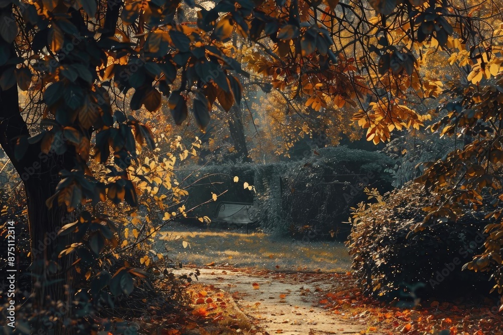 Poster enchanting autumn forest pathway illuminated by gentle sunlight, surrounded by golden leaves, creati
