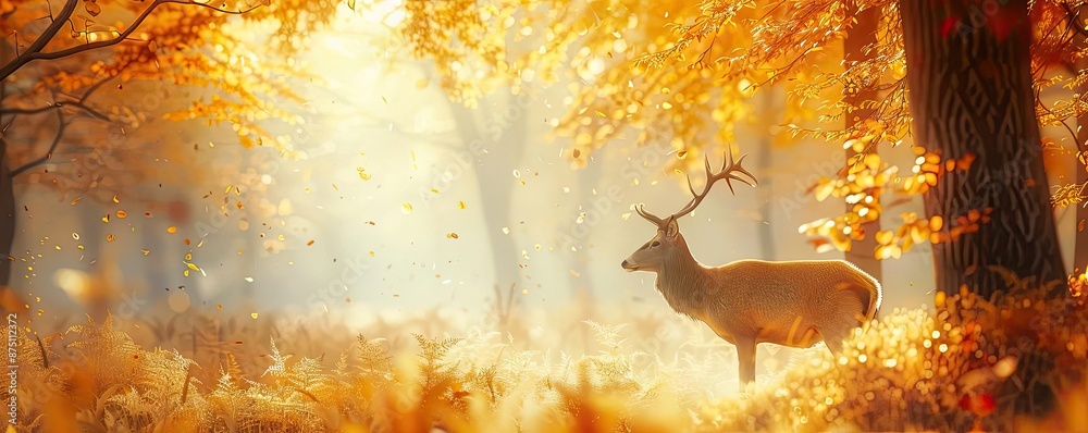 Poster A majestic deer in a serene autumn forest with golden leaves and sunlight filtering through the trees creating a tranquil scene.