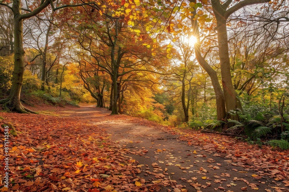 Poster scenic autumn forest pathway with vibrant fall foliage, sunlight filtering through trees, and leaves