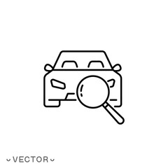 technical inspection car icon, auto search magnifying glass with vehicle, thin line symbol isolated on white background, editable stroke eps 10 vector illustration