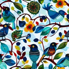 Obraz premium Nature Inspired Textile Pattern with Bird and Roses