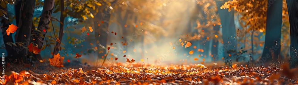 Poster serene autumn forest with fallen leaves illuminated by sunlight, creating a warm and tranquil atmosp