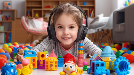 Fototapeta premium A handsome little girl with headphones is lying on the floor in the room and cheerfully playing with vivid colorful toys with a smile