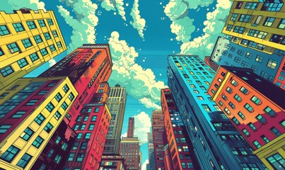 Fototapeta premium Retro comic book-style cityscape in bold colors