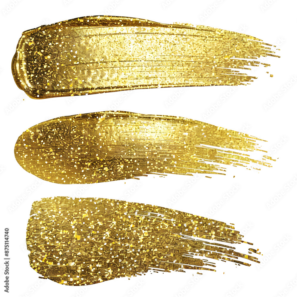 Poster three dazzling golden glitter brush strokes isolated on a transparent background