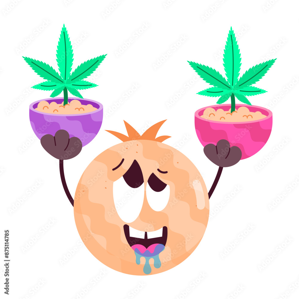 Wall mural A flat style sticker of high emoji with weed plants 

