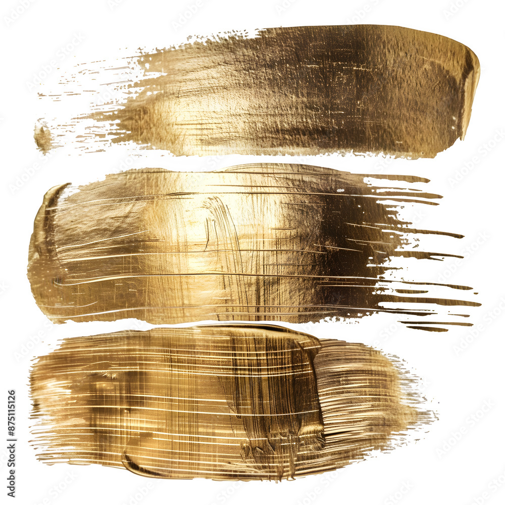 Poster Three textured golden brush strokes suitable for elegant design accents, isolated with a transparent background