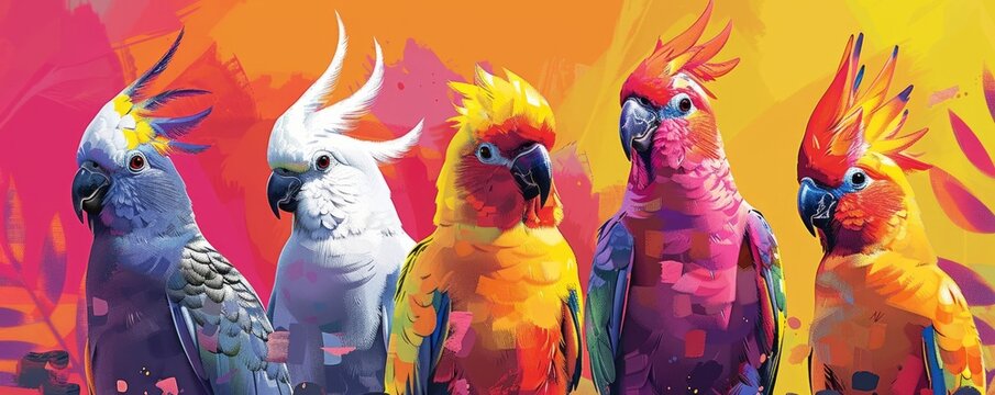 Brightly colored, stylized birds - Powered by Adobe