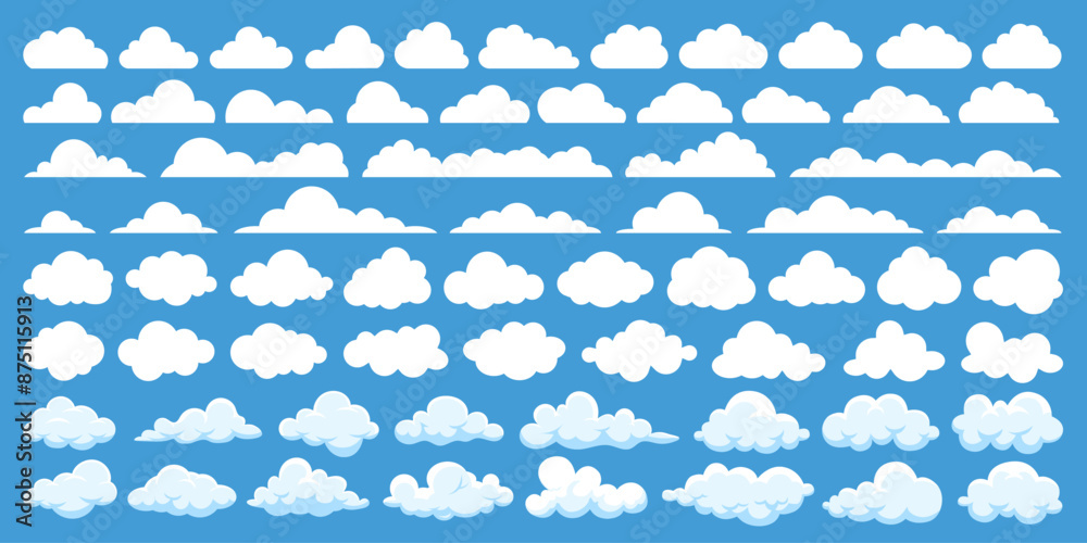 Wall mural set of vector white cloud or web cloud computing technology business icon isolated on blue backgroun