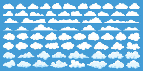 Set of vector white cloud or web cloud computing technology business icon isolated on blue background. Cloud pattern, fire smoke texture or nature sky art in cartoon style. Weather element symbol.