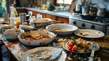 Remnants of a Festive Holiday Meal with Family and Friends Spread on a Cluttered Kitchen Table