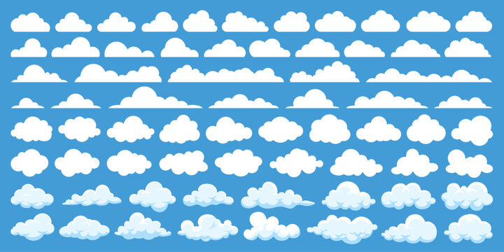 Set of vector white cloud or web cloud computing technology business icon isolated on blue background. Cloud pattern, fire smoke texture or nature sky art in cartoon style. Weather element symbol.