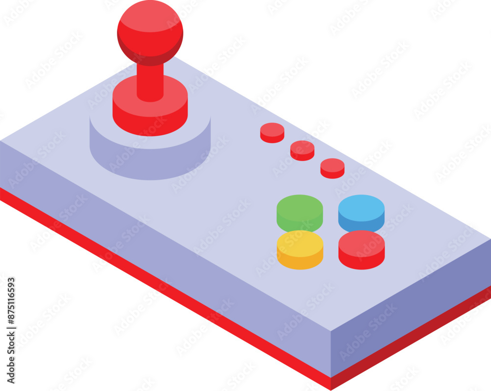 Poster retro gamepad with a red joystick and colorful buttons is lying on a white background