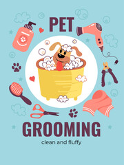Pet grooming.  Poster. Dog in the bathroom. Animal care supplies.