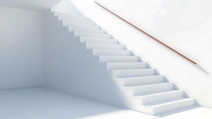 Fototapeta premium Sleek modern white stairs with a wooden handrail, minimalist design, elegant architectural detail, perfect for contemporary interiors.