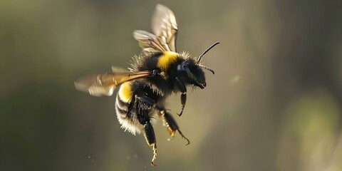 Vintage Style Macro Shot of a Bee in Flight Pollinating with Isolated Background. Concept Macro Photography, Vintage Style, Nature, Bee Pollination, Isolated Background