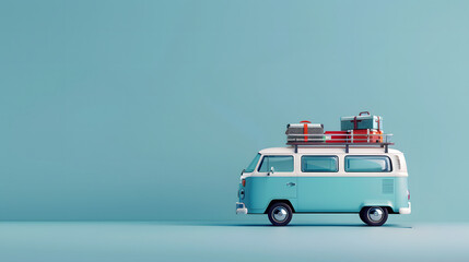 Retro blue camper van loaded with luggage on rooftop, set against a minimalist teal background. Perfect for travel and adventure themes.