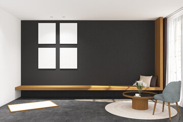 3d render of illustration of minimal design of gallery, bench and frame mock up side the window. Gray concrete floor, dark gray wall finish and white ceiling. Set 3