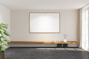 3d render of illustration of minimal design of gallery, bench and frame mock up side the window. Gray concrete floor, beige wall finish and white ceiling. Set 5