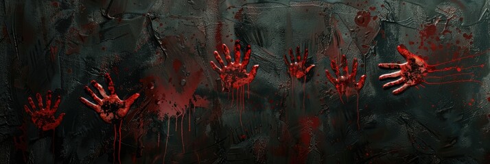 A dark wall with bloody handprints and a clear area for copy