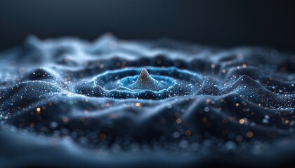 A blue and white image of a wave with a small blue dot in the middle