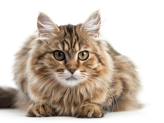 Obraz premium Front side close up of a Highlander cat with a confused face expression, isolated white background