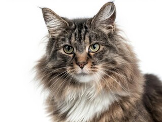 Front side close up of a Norwegian Forest cat with a worried face expression, isolated white background