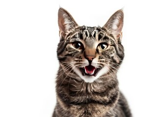 Naklejka premium Front side close up of a tabby cat with a happy face expression, isolated white background