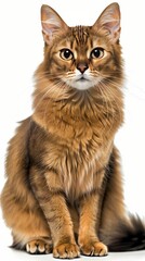 Obraz premium Front side close up of a Somali cat with an anxious face expression, isolated white background