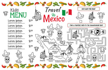 Kids menu for a Mexican restaurant with a map of Mexico and interesting tasks for children. 17x11 inch printable vector file