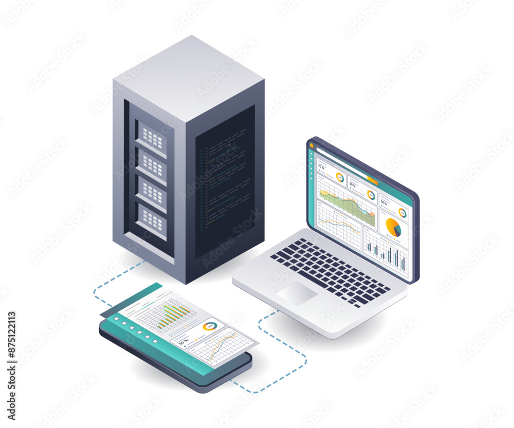 Aufkleber data analysis of server systems isometric illustration