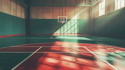 Deserted basketball court with no players, set against a clear sky in an empty atmosphere