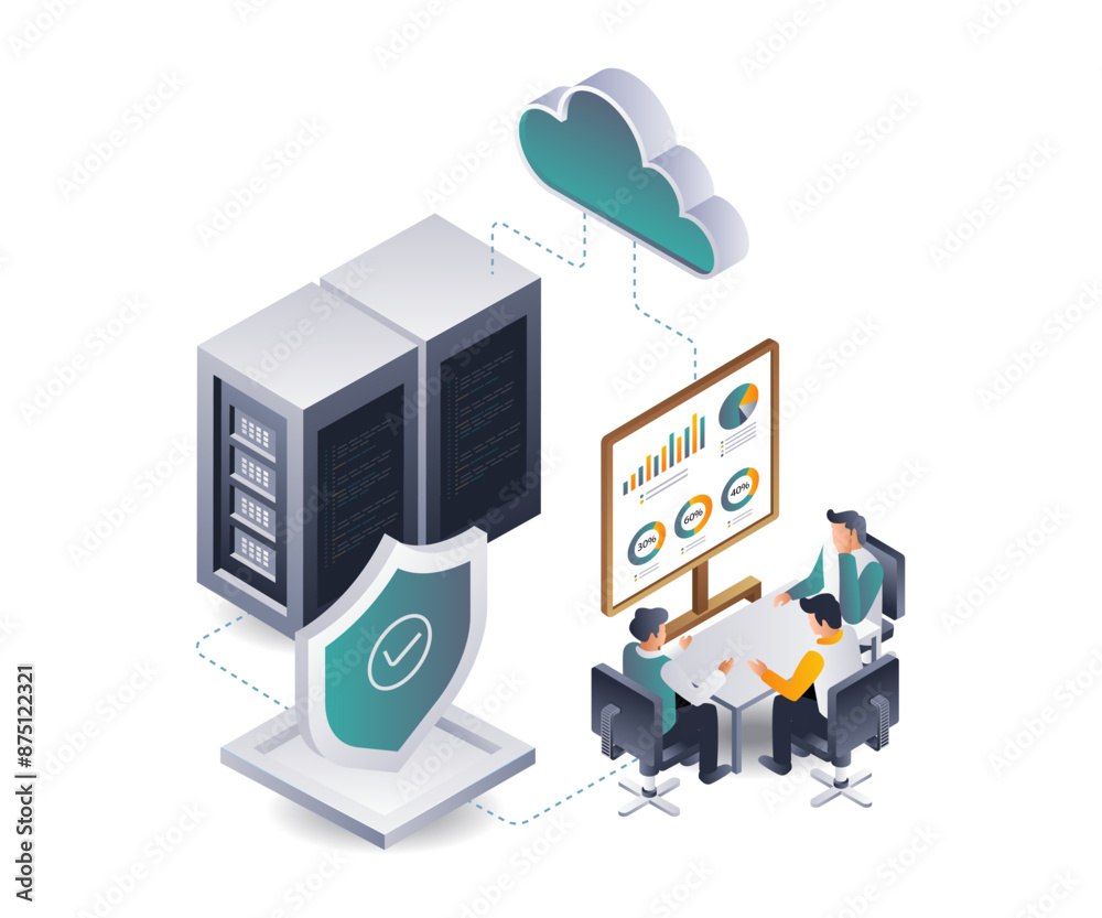 Poster Coworkers are analyzing data from the cloud server system