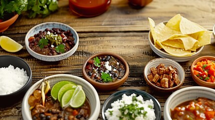A vibrant Mexican feast with rice, beans, tortilla chips, lime, and fresh cilantro on a rustic wooden table.