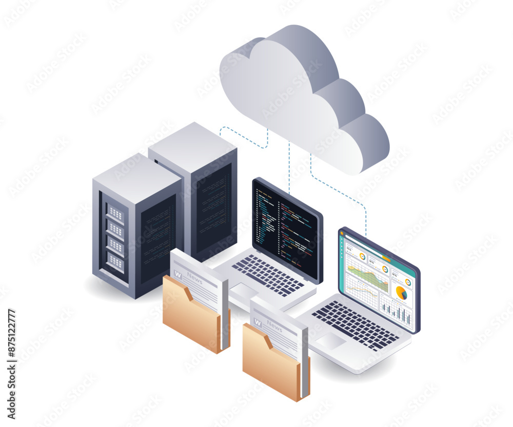 Poster Cloud Server Data Analysis System isometric illustration