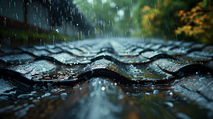 Fototapeta premium Rainwater flowing on roof tiles, Background 