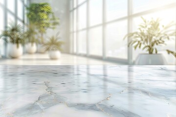Fototapeta premium White stone marble tabletop with a blurred abstract background from an interior building, suitable as a banner background for displaying or montaging your products