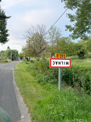 upside down road sign for town name in rural France to protest by farming union