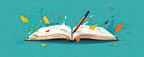 Colorful open book with a pencil and splash of paint on a turquoise background, representing creativity and education.
