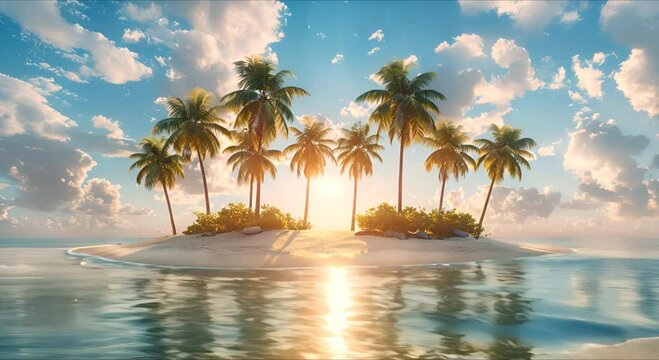 A tropical island with palm trees and an ocean. Advertising of travel, tourism and beach holidays.
