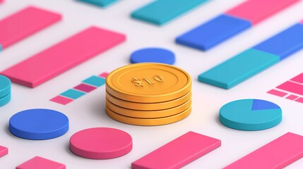 Clean and minimalist design highlighting wealth, savings, and budgeting; elegant color schemes and structured patterns representing forecasting and analytics. Illustration, Image, , Minimalism,