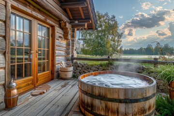 Fototapeta premium A rustic outdoor wooden hot tub on a wooden deck with a scenic nature view.